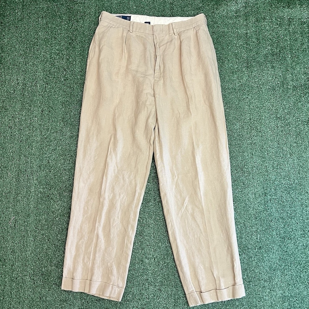 Vintage Polo Ralph Lauren 100% Beige Linen Pants Mens 34x32 Lightweight 90's